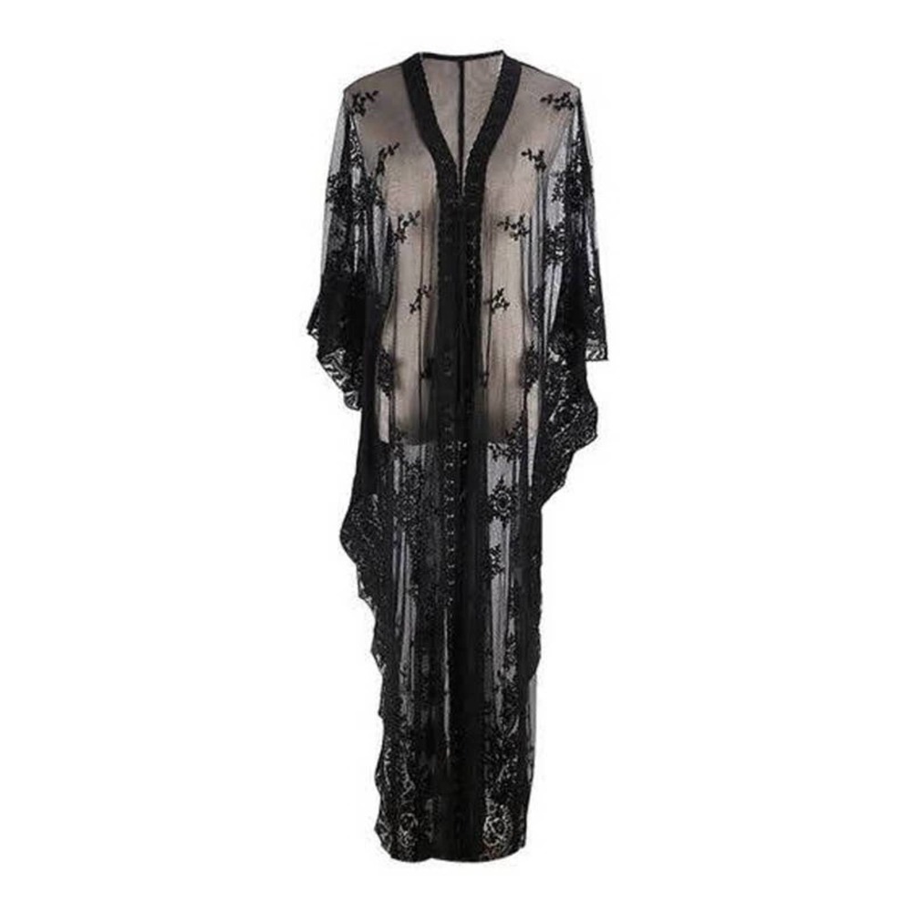 Boho Gypsy Beach Goddess Swim Cover Up Black Maxi Dress Duster Tie Front - Picture 5 of 13